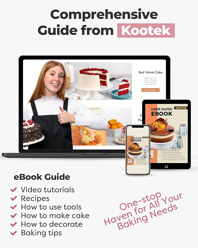 Kootek Cake Decorating Kit Baking Supplies Set Cake Turntable with 2 Frosting Straight Angled Spatula 3 Icing Smoother Scrapers Baking Accessories Tools for Beginners and Pros, Mother's Day, Pink - Image 5