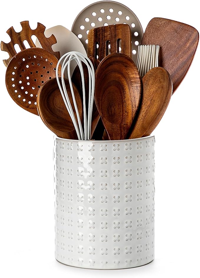 Nucookery 6.4'' Utensil Holder - Ceramic Utensil Holder for Kitchen Counter, Large Capacity Countertop Storage, Farmhouse Style Utensil Crock Organizer for Spoons, Spatulas & Cooking Tools by Nucookery