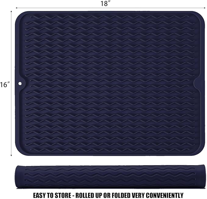 Silicone Dish Drying Mat for Multiple Usage, Easy clean, Eco-friendly, Heat-resistant Dish Drainer Mat for Kitchen Counter,Sink,Refrigerator or Drawer liner (18" x 16", Dark Blue) - Image 2