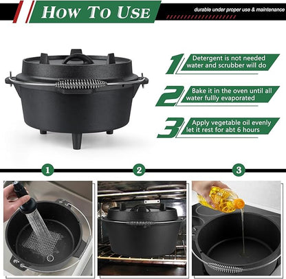 5QT Cast Iron Dutch Oven with Stainless Steel Scrubber, HaSteeL 2-In-1 Pre-seasoned Camping Pot, Heavy Duty Campfire Pot with Feet for Outdoor Stovetop Griddle Cooking Baking Roasting Stewing