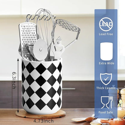 Kitchen Utensil Holder for Countertop， 6.4" Ceramic Utensil Holder Deep and Stable，Kitchen Utensil Organizer，Modern Checkered Utensil Holder for Decor