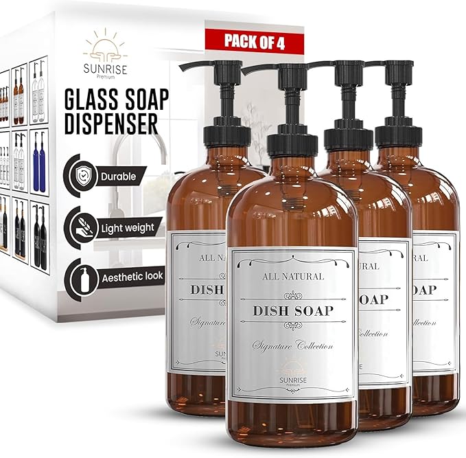 Sunrise Premium 16 OZ Amber Glass Soap Dispenser with Pump, Hand and Dish Soap Dispenser Set for Bathroom with 12 Waterproof Labels, Pack 4 by SunrisePremium