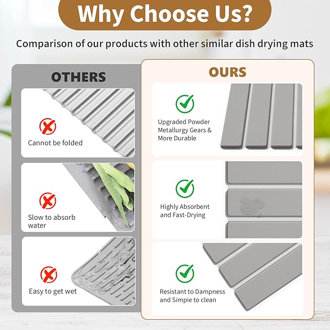 Stone Dish Drying Mat for Kitchen Counter,15.5''x11.8'' Foldable Quick Dry Stone Kitchen Mat,Eco-Friendly,Absorbent Diatomaceous Earth Mats for Dishes Bottles Cups Bathroom Any Countertop-Light Gray - Image 4