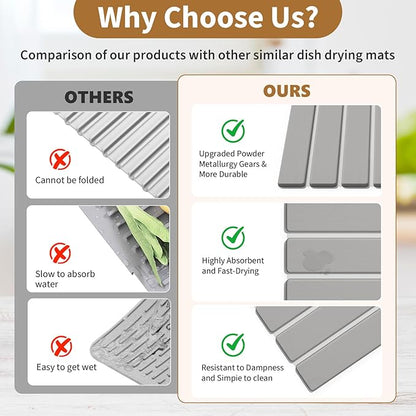 Stone Dish Drying Mat for Kitchen Counter,15.5''x11.8'' Foldable Quick Dry Stone Kitchen Mat,Eco-Friendly,Absorbent Diatomaceous Earth Mats for Dishes Bottles Cups Bathroom Any Countertop-Light Gray - Image 4