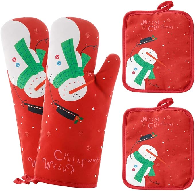 Oven Mitts and Potholders BBQ Gloves-Oven Mitts and Pot Holders with Recycled Infill Silicone Non-Slip Cooking Gloves for Cooking Baking Grilling (4-Piece Set) (Red Christmas Snow) by Win+Change
