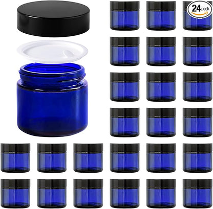 2oz Jars with Lids, Hoa Kinh 24 Pack Blue Glass Jars with Lids Empty Cosmetic Containers Round Airtight Glass Jar with Inner Liners and black Lid for Storing Lotions, Powders, and Ointments