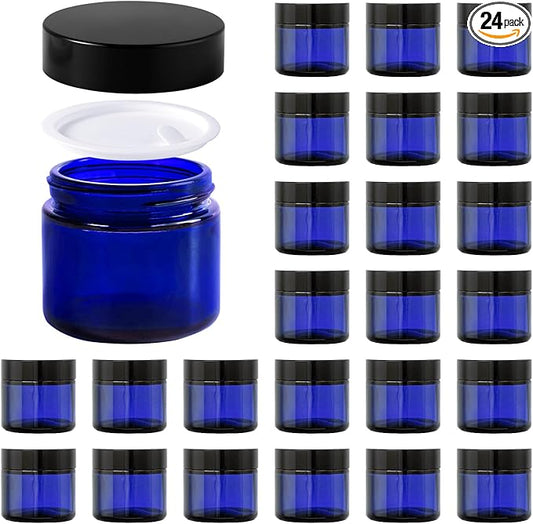 2oz Jars with Lids, Hoa Kinh 24 Pack Blue Glass Jars with Lids Empty Cosmetic Containers Round Airtight Glass Jar with Inner Liners and black Lid for Storing Lotions, Powders, and Ointments
