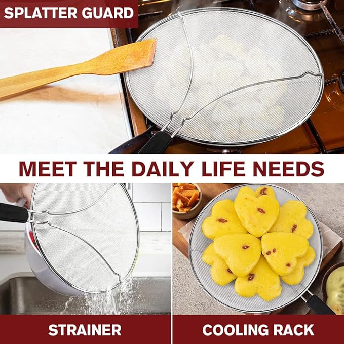 Splatter Screen for Frying Pan & Food Strainer,13 Inch Stainless Steel Grease Splatter Guard,Shield from Splashing Oil, Dishwasher Safe(Black) - Image 6