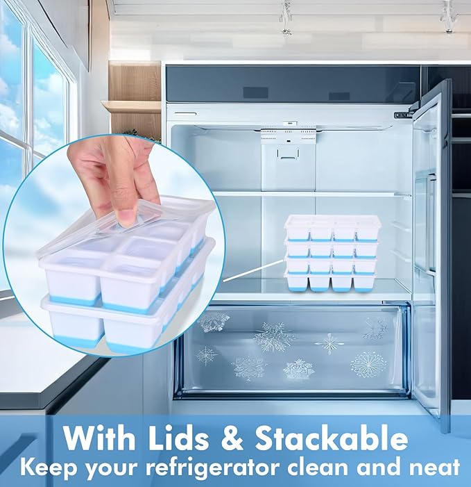 Large Ice Cube Trays with Lid, Jrisbo 2 Pack Stackable Silicone Ice Cube Molds for Freezer, Easy Release 16 Big Square Ice Trays for Whisky Cocktails (Blue) - Image 4