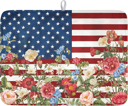 4th of July Dish Drying Mat 24x18 Inch, Patriotic Drying Mat with Absorbent Reversible Microfiber, Independence Day Dish Drainer Mats Memorial Day Rack Pad for Coffee Countertop Kitchen Protector