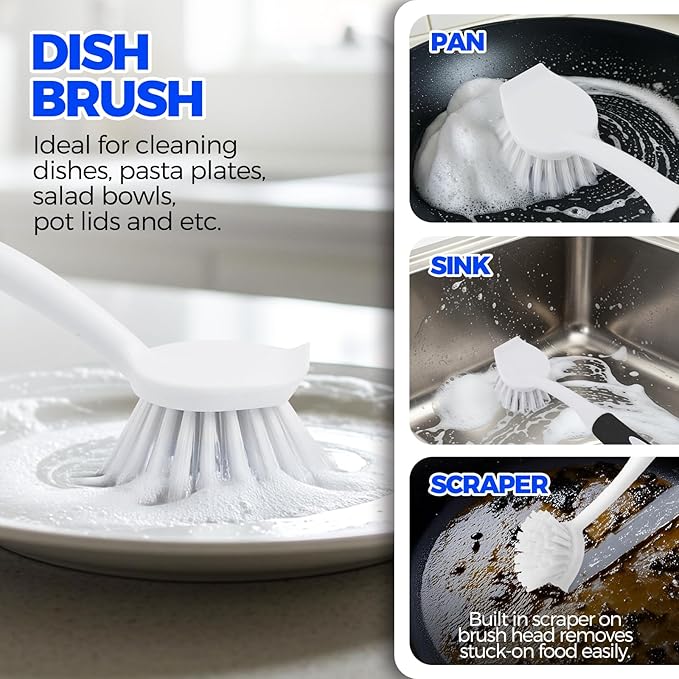 Holikme 6 Pack Dish Brush Set with Bottle Brush, Dish Scrub Brush, Pan Brush and 3 Straw Brushes, Deep Cleaning Handle Brush with Scraper Tip for Kitchen Sink Dishes Bottle Cup Pot and Pans (Black) - Image 2