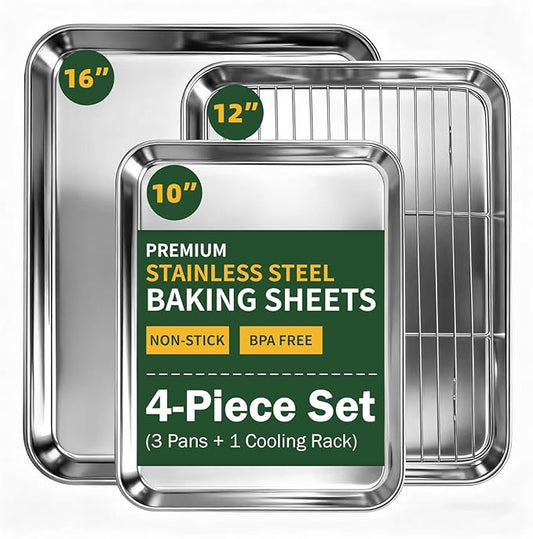 4-Piece Baking Sheet Set with Cooling Rack, Stainless Steel Cookie Sheets & Baking Pans Set, Non-Stick Cookie Trays for Oven Roasting & Food Prep, BPA-Free 10/12/16 Inch by Unknown