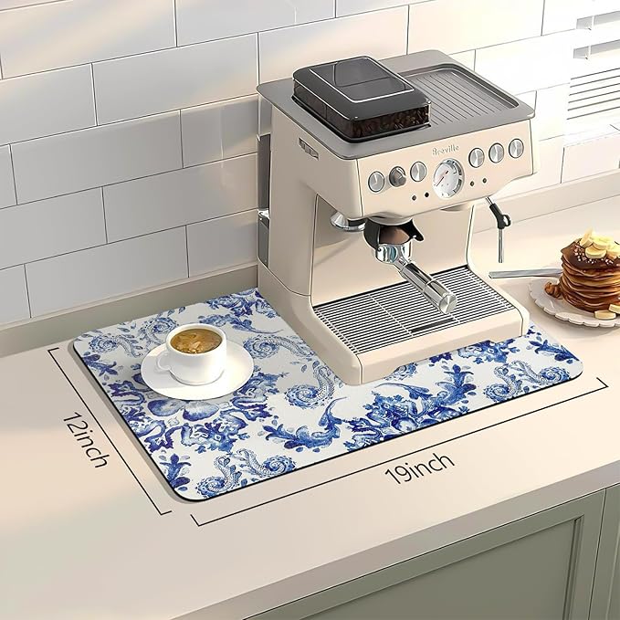 Bloss Dish Drying Mat, 12.2"x19.7" Absorbent Coffee Bar Mat with Waterproof Rubber Back, Fit Under Coffee Maker Machine/Kitchen Counter(Ink Cyan Flower) - Image 2
