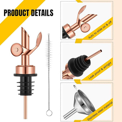 Tioncy 4 Pieces Weighted Stainless Steel Pourers Olive Oil Spout Olive Oil Dispenser Spout Automatic Opening and Closing with Funnel and Brush for Pouring Wine Syrup Kitchen(Rose Gold)