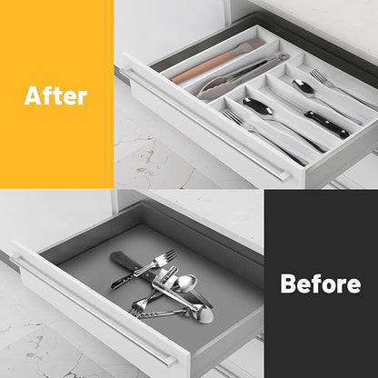 Kitchen Bamboo Silverware Organizer, Kitchen Drawer Organizer - Utensil Holder and Cutlery Tray with Grooved Drawer Dividers for Flatware 7 Slot, White - Image 2