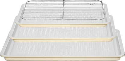 Nonstick Ceramic Baking Sheet With Rack, 3-Pack Half/Jelly Roll/Quarter Sheet Pan, Non-Toxic, PTFE & PFOA Free, Warp-Free, Oven Safe 550°F, Dishwasher Safe, Aluminized Steel, Gray Yellow