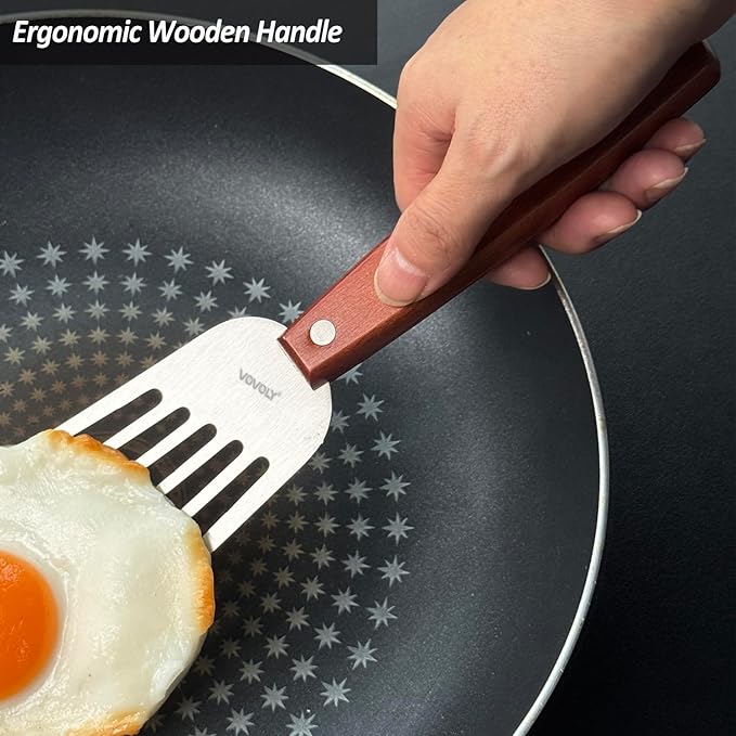 2 Pack Fish Spatula Turner, Stainless Steel Slotted Spatulas for Flipping, Turning, Frying & Grilling, 3"x6"+4"x8" Metal Slotted Spatulas, Wooden Full Tang Handle & Curved Blade - Image 6