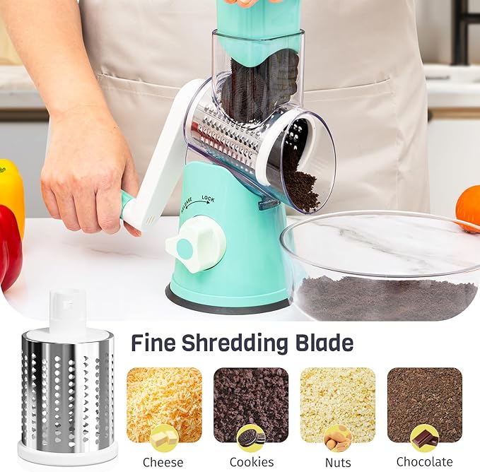 Cheese Grater Hand Crank, Rotary Cheese Shredder with 3 Interchangeable Blades for Coarse, Fine Shredding and Slicing, Strong Suction Base for Pizza, Pasta, Salad, Vegetables, Nuts, Chocolate - Image 5