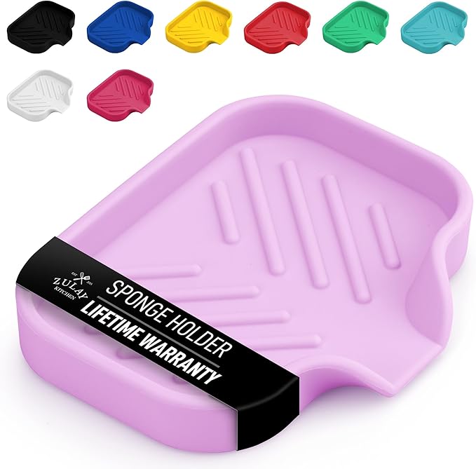 Zulay Kitchen Small Silicone Sponge Holder (4.9x3.3”) – Space-Saving Sink Organizer Tray for Sponge, Soap, Brush & More – Compact Non-Slip Dish for Kitchen & Bathroom (Lavender) by ZulayKitchen