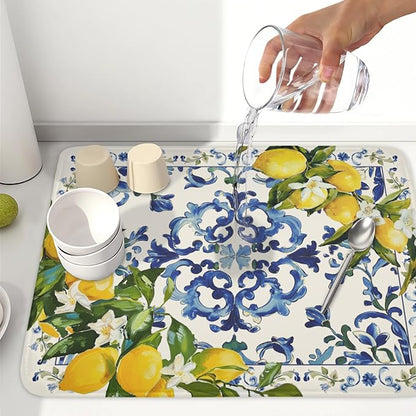 Lemon Dish Drying Mat 24x18 Inch, Blue Tiles Drying Mat with Absorbent Reversible Microfiber, Italian Olive Tree Dish Drainer Mats Summer Rack Pad for Coffee Countertop Kitchen Protector