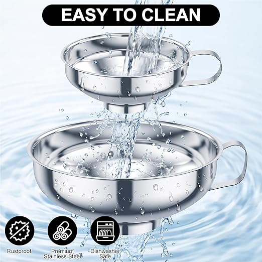3 Piece Stainless Steel Canning Funnel Set with Strainer, Wide Mouth Mason Jar Funnels for Kitchen, Metal Funnel for Filling Bottles, Canning Supplies for Preserving, Dishwasher Safe