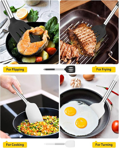 Pack of 2 Silicone Solid Turner, Non Stick Slotted Kitchen Spatulas, High Heat Resistant BPA Free Cooking Utensils, Ideal Cookware for Fish, Eggs, Pancakes(Black-White) - Image 3