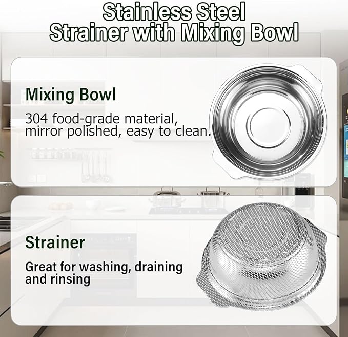 Extra Large 5.5QT Stainless Steel Colander, Large Capacity Rice Colander with Mixing Bowl, Rice Strainer for Vegetables, Fruit, Spaghetti, Pasta Strainer, Dishwasher Safe(2PC) - Image 2