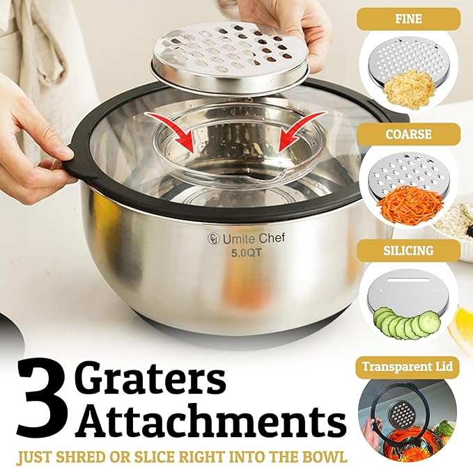 Mixing Bowls with Lids Set - Non-Slip, Airtight Warp-Proof TPR-AS Lids, Thicker Stainless Steel Bowls, Measurement Lines & 3 Graters, Prep Meal Bowl, Black Nesting Bowl for Kitchen, 5/3/2/1.5/0.63QT - Image 4