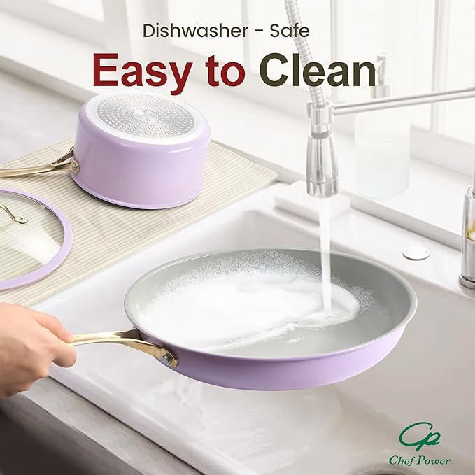 Chef Power Ceramic Frying Pan with Stainless Steel handle 5Pcs Set, Non Stick Grill Pan Set, Dishwasher and Oven Safe, Light Purple and Granite Grey