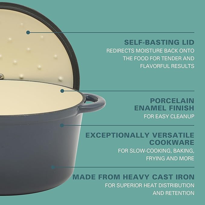 Gibson Home Addlestone 7 Qt Enameled Cast Iron Dutch Oven Pot with Lid – Round, Oven Safe to 500°F, Ideal for Bread Baking & Stews - Gradient Navy Blue - Image 3