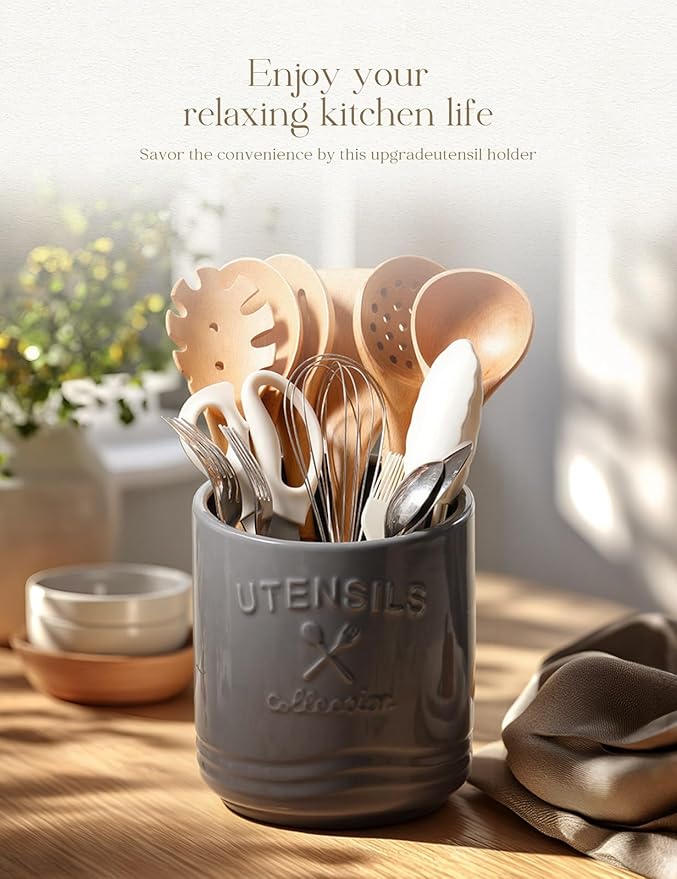 AISBUGUR Large Ceramic Utensil Holder 7.5" H×6.3" W with Slanted Mouth - Utensil Crock with Non-Slip Cork Base for Kitchen Counter, Ideal for Decor & Gift,Grey - Image 2