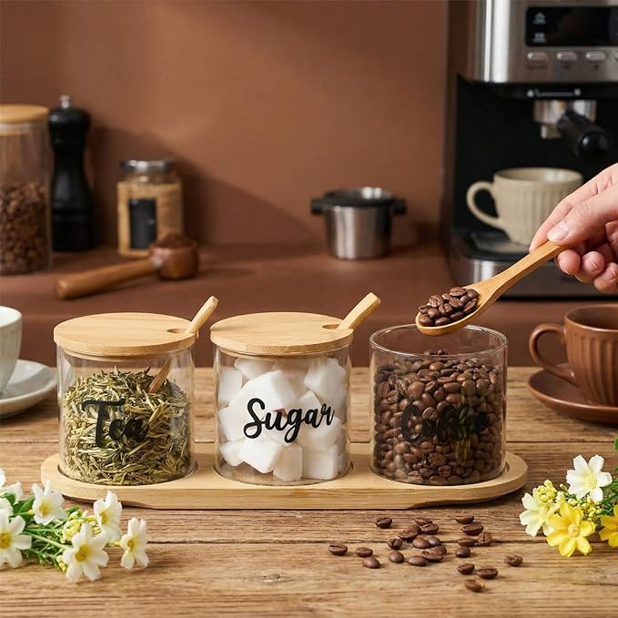 LemonRoad 3 Pack Coffee Sugar Tea Container Set Glass Jars with Bamboo Tray Decorative Container with Lid and Spoon Clear Condiment Jars Storage for Coffee Bar Drink Station Countertop Home Decor - Image 2