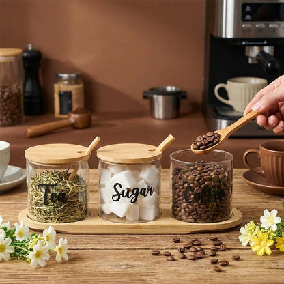 LemonRoad 3 Pack Coffee Sugar Tea Container Set Glass Jars with Bamboo Tray Decorative Container with Lid and Spoon Clear Condiment Jars Storage for Coffee Bar Drink Station Countertop Home Decor - Image 2