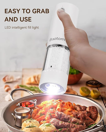 Electric Salt and Pepper Grinder Set with Dual Charging Base, 6 Adjustable Coarseness Levels & External Grind Settings, One-handed Operation Salt and Pepper Mills with LED Light,Black & White