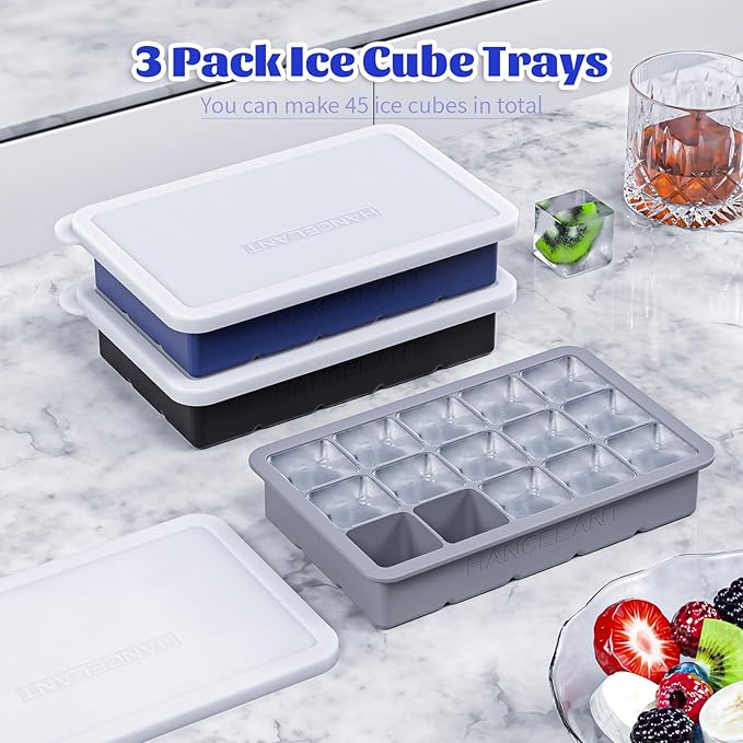 Silicone Ice Cube Tray 3 Pack, HANCELANT Ice Cube Mold, Ice Trays for Freezer with Lid for Whiskey, Baby Food, BPA Free, Easy Release - Image 6