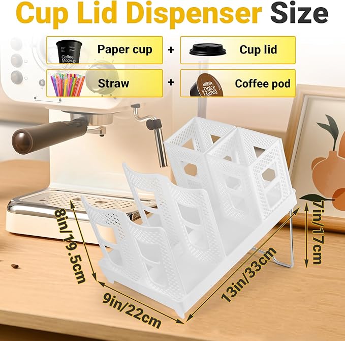 Cup and Lid Holder, Disposable Paper Cup Dispenser with Coffee Pod Straw Storage Basket, 6-Compartment Countertop Coffee Cup Holder for Coffee Stations, Break Rooms, Living Rooms (White)