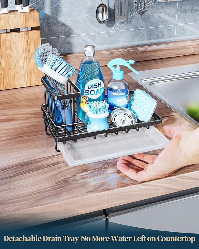 Consumest Sink Caddy, Kitchen Sponge Holder with Dish Brush Holder, Kitchen Sink Organizer with Drip Tray for Countertop Stainless Steel Rustproof, Black-Large - Image 4