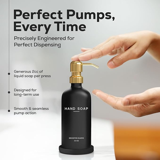 Luxury Glass Hand Soap Dispenser Bathroom Set by Brighter Barns - Refillable Glass Bottle Set - Hand Soap Dispenser for Black and Gold Bathroom Decor, Vacation Rental, Office, Spa, Hotel (Black/Gold) - Image 4