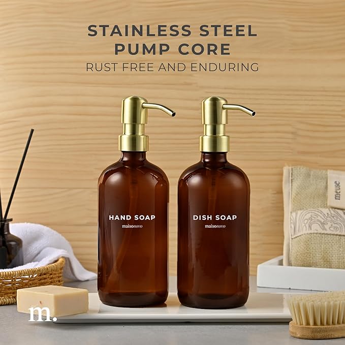 MaisoNovo Soap Dispenser 2-Piece Set | 16.9oz Amber Bottles with Gold Stainless Steel Pump Core