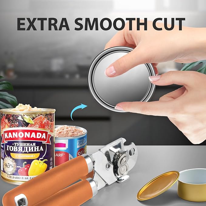 Safring Can Opener Manual, Heavy Duty Handheld Strong Can Opener with Soft Touch Handle, Sharp Blade Smooth Edge, Can Openers with Multifunctional Bottle Opener, Orange - Image 7