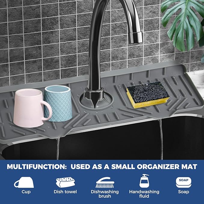 BFONS XL Silicone Faucet Handle Drip Catcher Tray, Gray, 18.1in x 5.7in x 0.79in - Image 3
