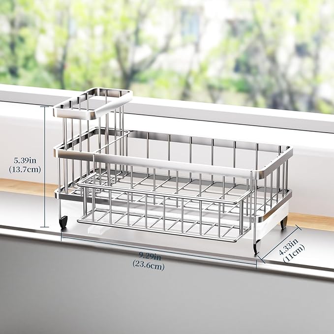 Consumest Sponge Holder for Kitchen Sink - Auto Draining Sink Caddy Organizer with Detachable Rack, High Brush Holder, Kitchen Countertop Storage Accessories, Silver - Image 6