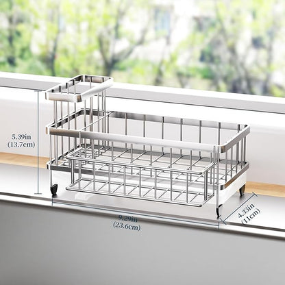 Consumest Sponge Holder for Kitchen Sink - Auto Draining Sink Caddy Organizer with Detachable Rack, High Brush Holder, Kitchen Countertop Storage Accessories, Silver - Image 6