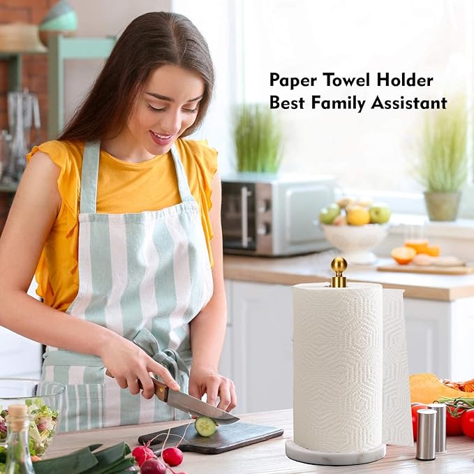 Gold Paper Towel Holder Countertop, with Weighted Marble Base for One-Handed Operation, No Wobbly (Marble Base, Gold) - Image 8