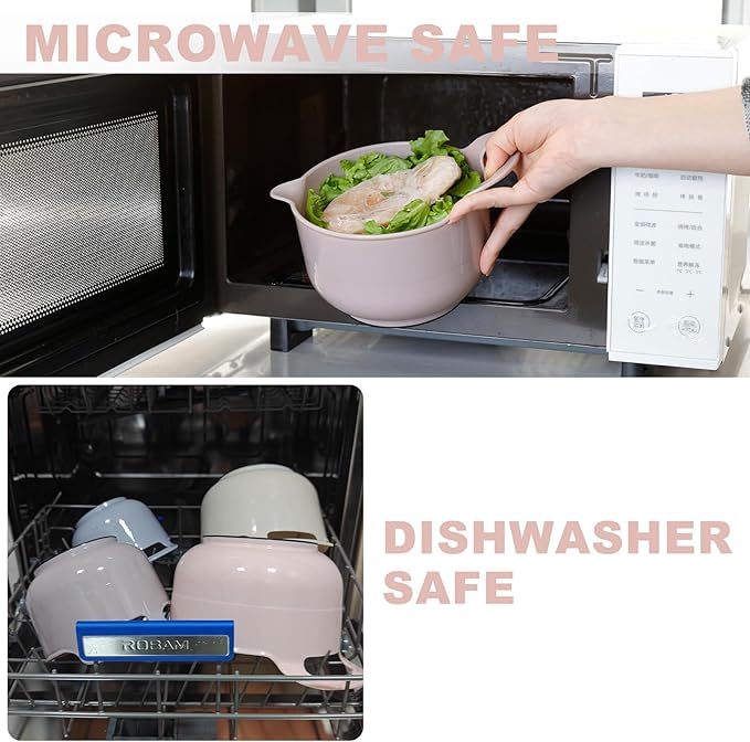 BoxedHome Nesting Plastic Mixing Bowl Set with Pour Spouts and Handles - Non Slip Bottom, BPA free Microwave & Dishwasher Safe(Khaki Pink, 4 Pack) - Image 8