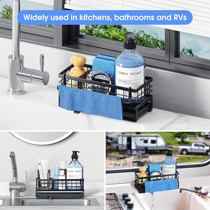 Kitchen Sink Sponge Holder, Rustproof Non-Slip Self-Draining Metal Sink Caddy with Detachable Dish Cloth Holder (Black) - Image 8