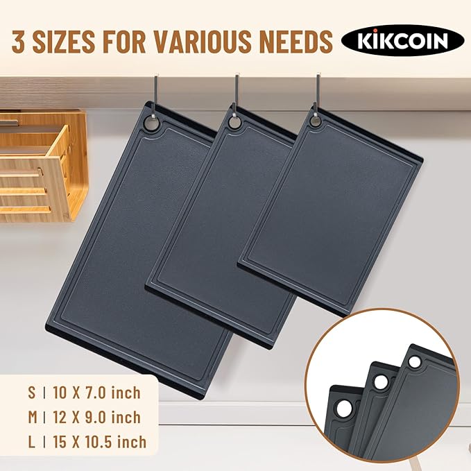 Kikcoin Plastic Cutting Boards for Kitchen, 3-Piece Large Cutting Board Set Dishwasher Safe Chopping Boards with Non-slip Feet and Juice Grooves, Gray - Image 2