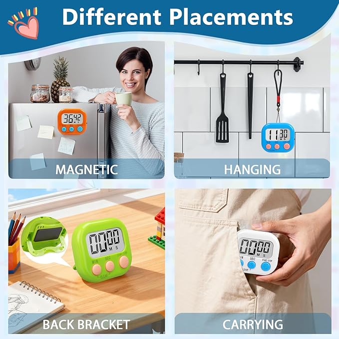 12 Pack Multi-Function Digital Timers, Magnetic Large LCD Display Loud Alarm Countdown Timers, Extensively Use in Classroom, Break Time, Gym, Meeting, Cooking - Image 4