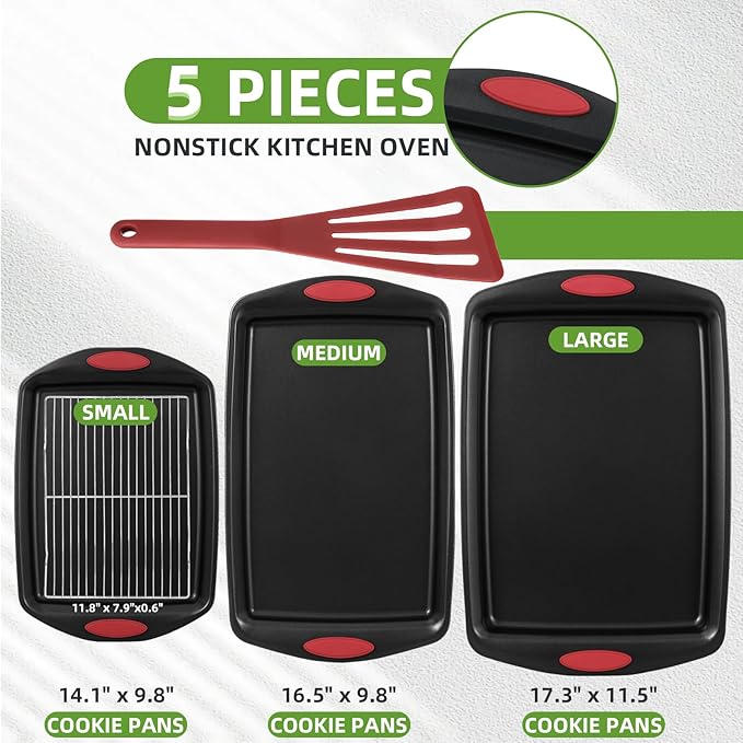 5-Piece Nonstick Baking Pans Set - Premium Carbon Steel Bakeware with PFOA/PFOS/PTFE-Free Coating, Red Silicone Handles (Black Red) - Image 2