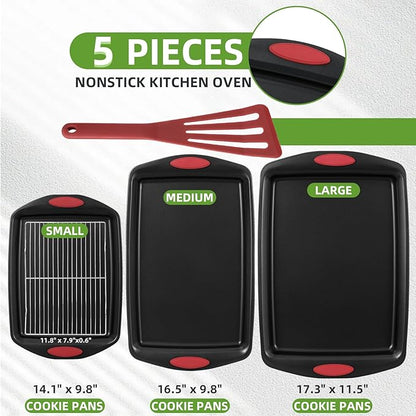 5-Piece Nonstick Baking Pans Set - Premium Carbon Steel Bakeware with PFOA/PFOS/PTFE-Free Coating, Red Silicone Handles (Black Red) - Image 2